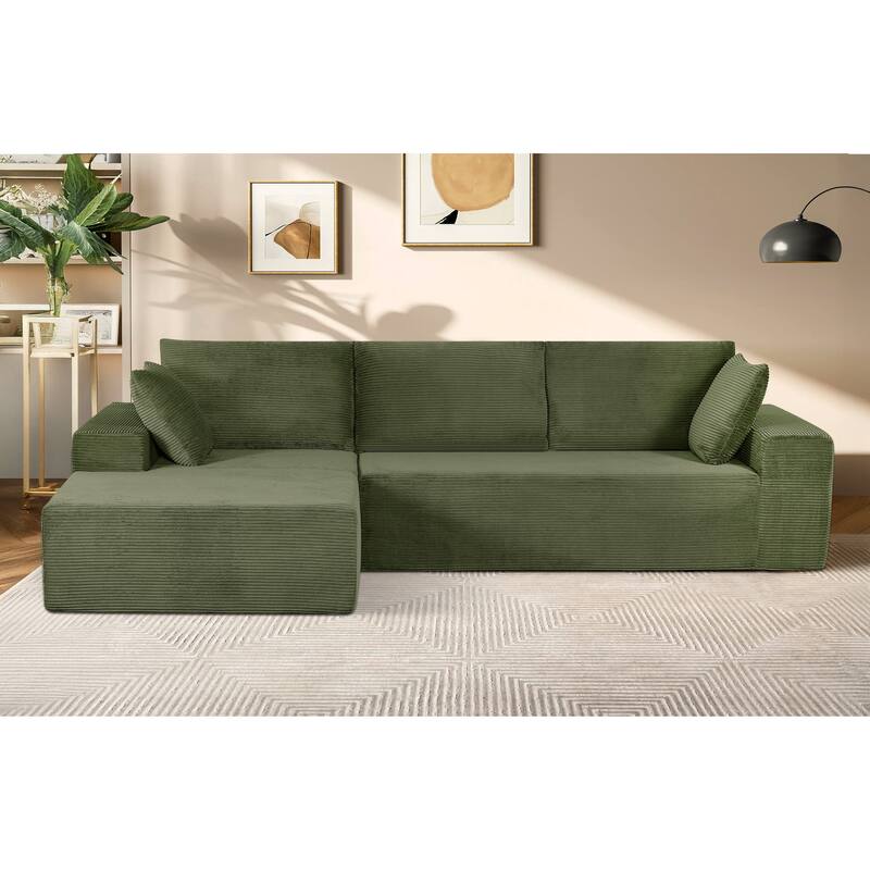 2 Piece Convertible Corduroy L Shaped Sectional Couches for Living Room or Home Office, No Assembly - Dark Green - Left Facing