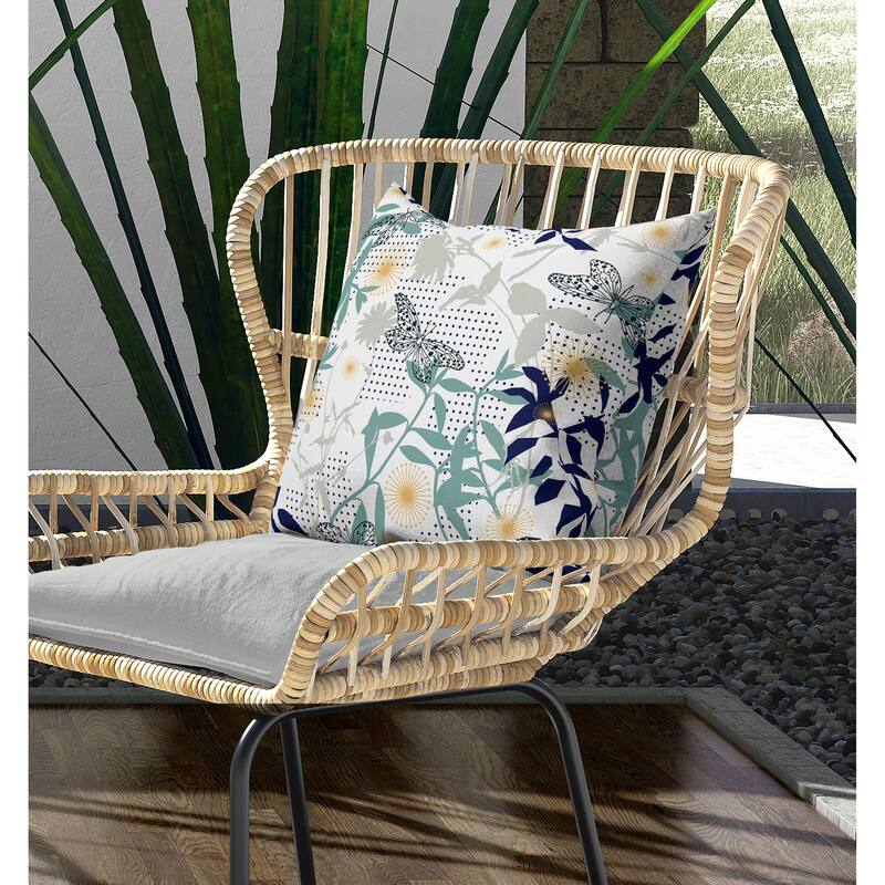 Butterfly Floral Orbit Indoor/Outdoor Reversible Throw Pillow Blue and White