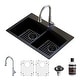 preview thumbnail 1 of 8, Karran Drop-In Quartz Composite 33 in. 1-Hole 50/50 Double Bowl Kitchen Sink in Black with Kitchen Faucet in Stainless Steel