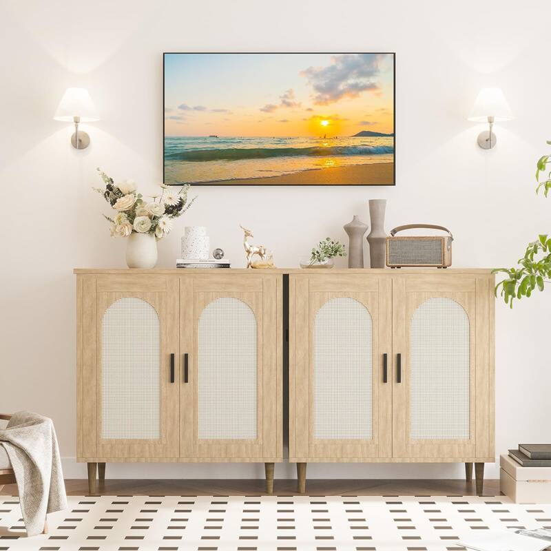 Sideboard Buffet Kitchen Storage Cabinet with Rattan, Solid Wood Feet for Living Room - White+brown