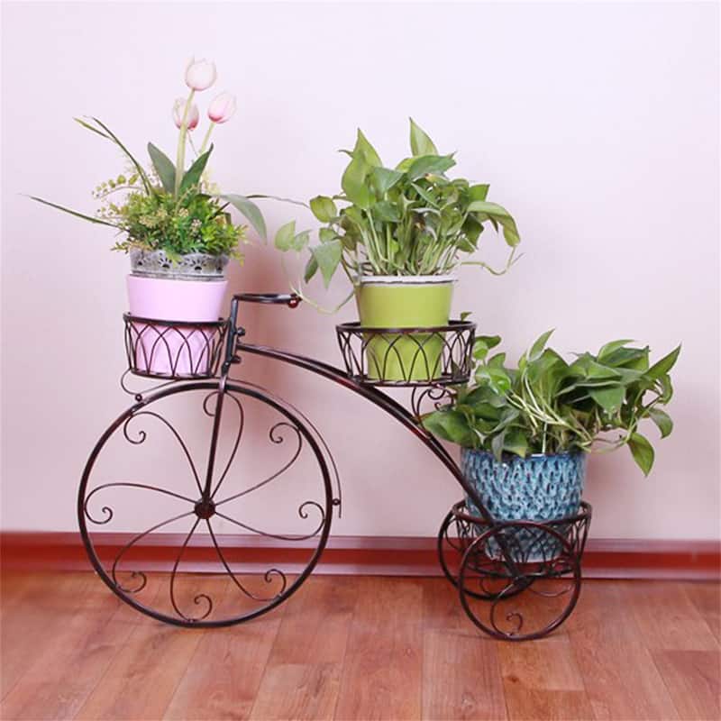 Large Bike Planter Garden Ornament Metal Bicycle Plant Stand with 3 Flower Pots Indoor Outdoor