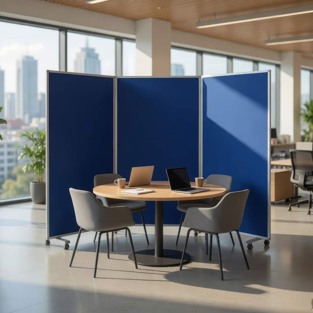 Accordion Style Fabric Upholstered 3 Panel Room Divider, Blue and Gray