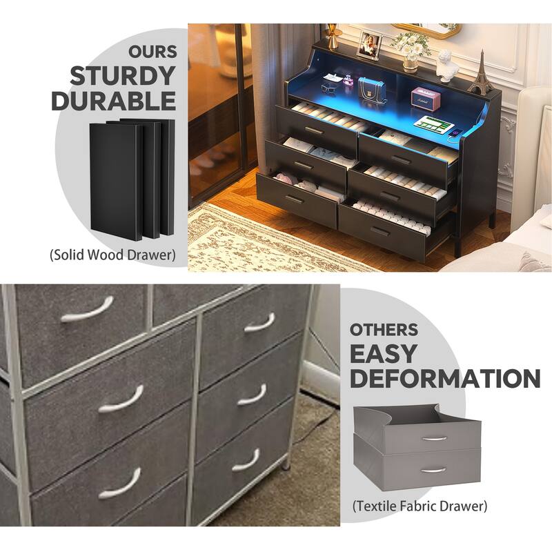 6 Drawers Dresser with Charge Station and LED Light, Closet Organizer for Bedroom