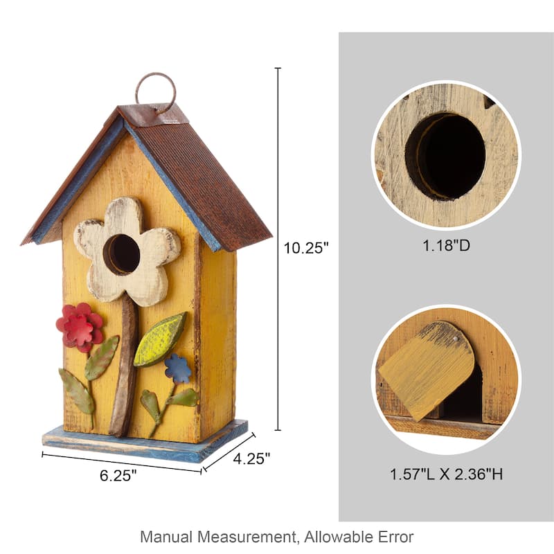 Glitzhome 10"H Multicolor Cute Distressed Solid Wood Birdhouse with 3D Flowers