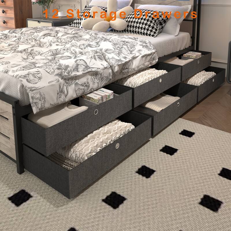 Full-size bed frame with storage headboard and 12 drawers with LED lights