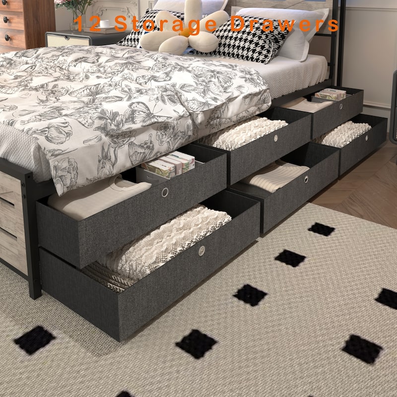 Storage Bed Frame with 12 Fabric Drawers, Metal Platform Bed with Headboard Footboard, LED Lights, Integrated Charging Station
