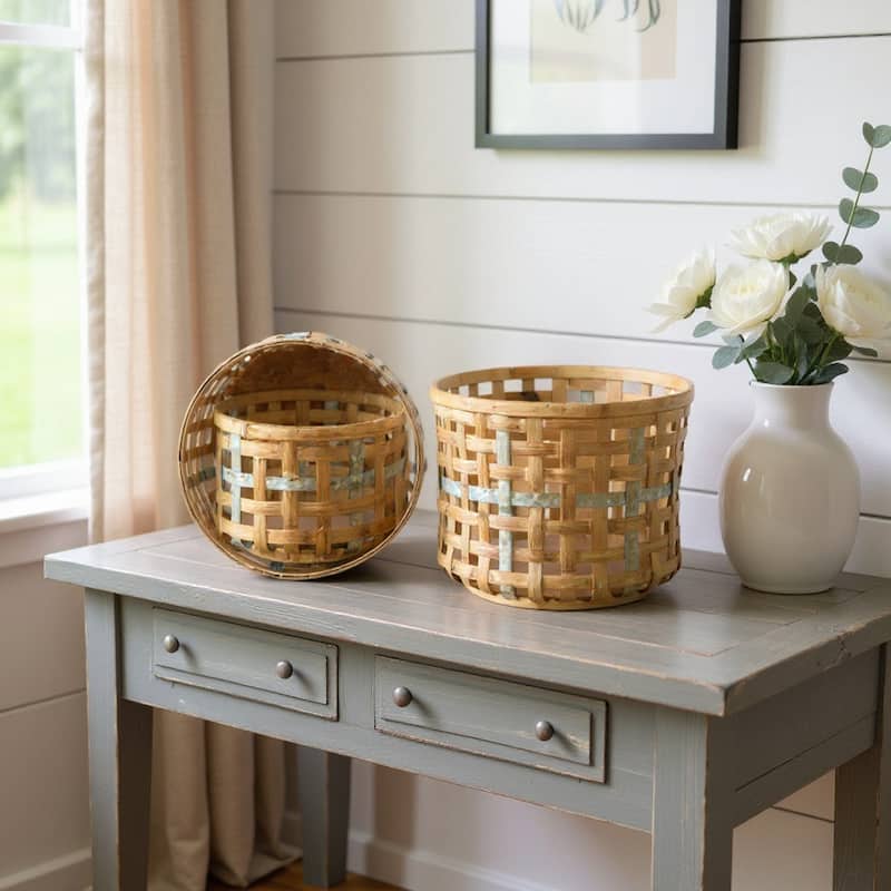 HomeRoots Set of Three Natural Wicker And Galvanized Metal Woven Baskets - Natural