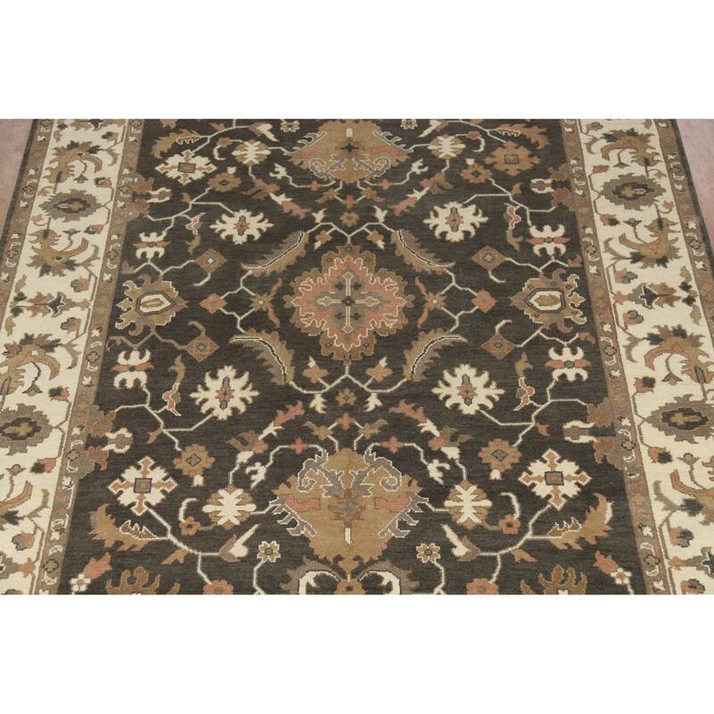 Brown Floral Oushak Indian Area Rug Hand-Knotted Wool Carpet - 9'3" x 12'0"