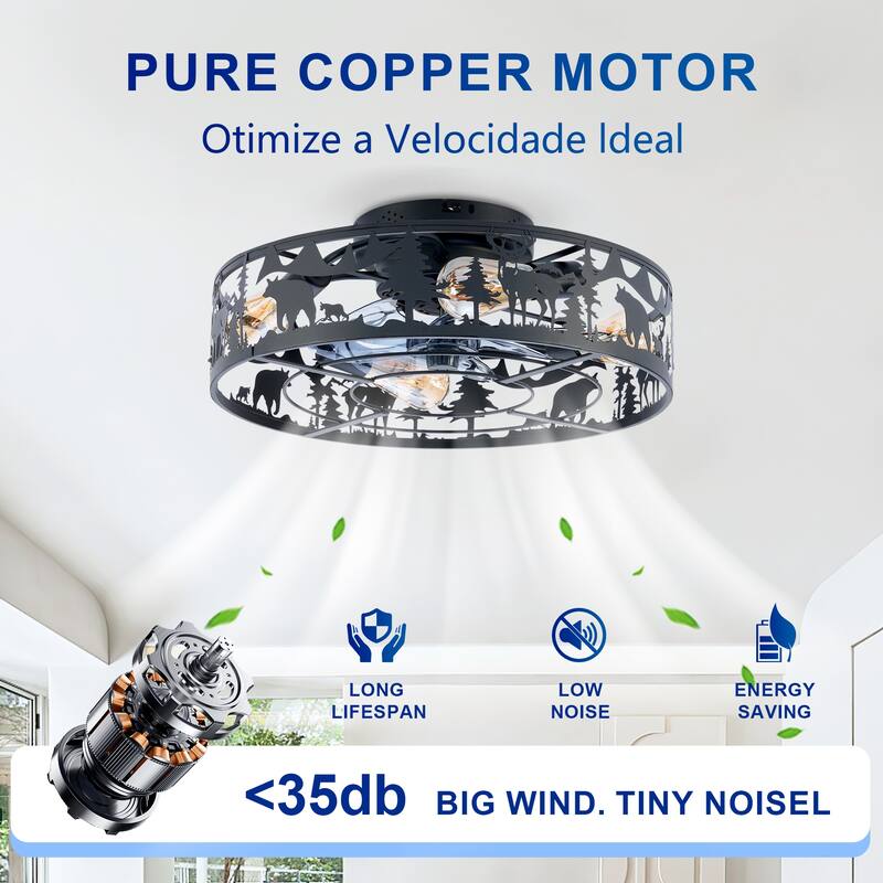 20" Caged Ceiling Fans with Remote, Bladeless Ceiling Fan 6 Speed Reversible with Remote Control - Matte Black