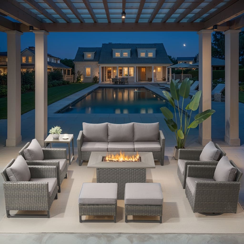 Outdoor Sofa Chairs Ottomans & Fire Table Grey-Grey - Grey