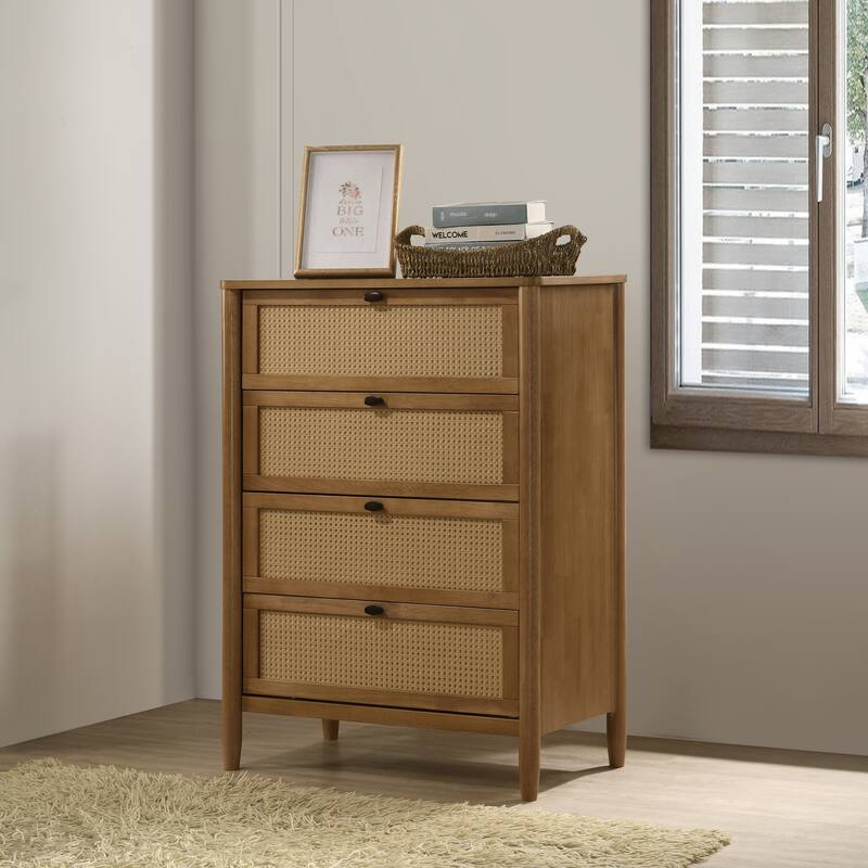 Vichy 5-Piece Rubberwood Bedroom Set with Textured Polyester Upholstered Queen Bed, Dresser, Mirror, Nightstand, and Chest