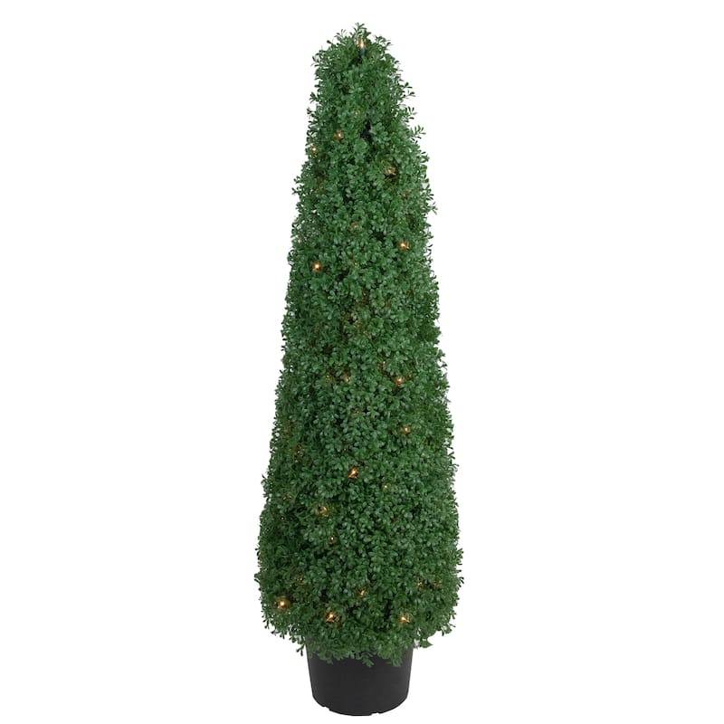 4' Pre-Lit Artificial Boxwood Cone Topiary Tree with Round Pot Clear Lights - 14