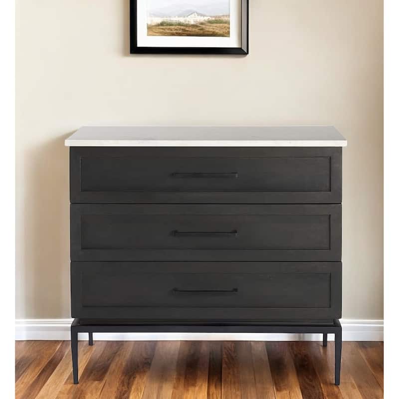 HomeRoots 36" Black And White Solid Wood And Marble Three Drawer Dresser