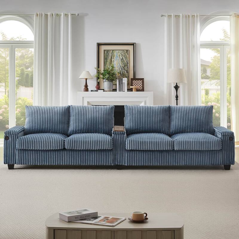 133" Modern 4-Seater Corduroy Sofa Couch with USB Ports, Cup Holders