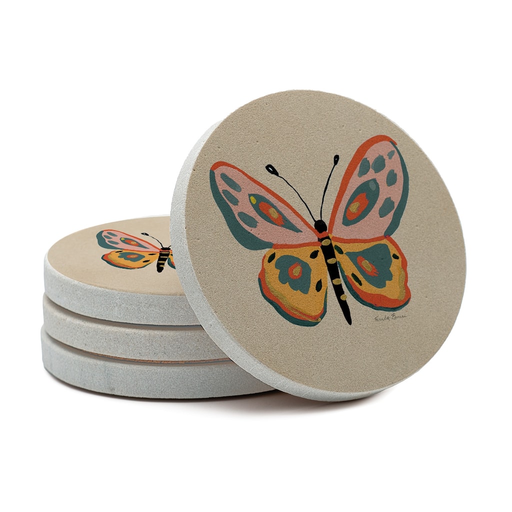 Fluttering 4 Pack Round Natural Sandstone Coasters with Protective Cork Backing Manufactured in The USA