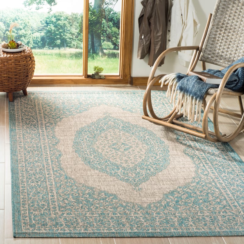 SAFAVIEH Courtyard Thoma Medallion Indoor/ Outdoor Waterproof Patio Backyard Rug - 4' Square - Light Grey/Aqua