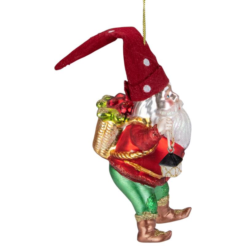 6" Gold Red Gnome with Lantern Flower Basket Glass Christmas Ornament