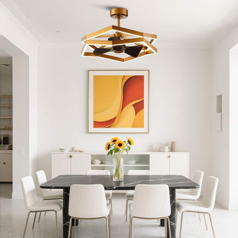 31" Antique Brass Geometric Dimmable Fandelier Caged Ceiling Fan with Light and Remote