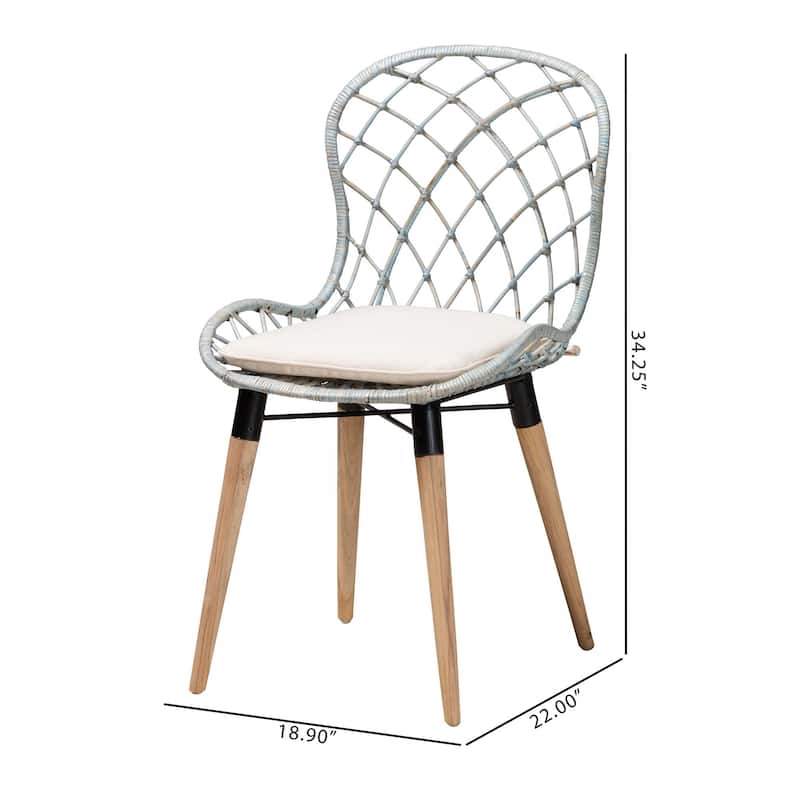 Sabelle Modern Bohemian Natural Brown Finished Teak Wood and Light Blue Rattan 2-Piece Dining Chair Set