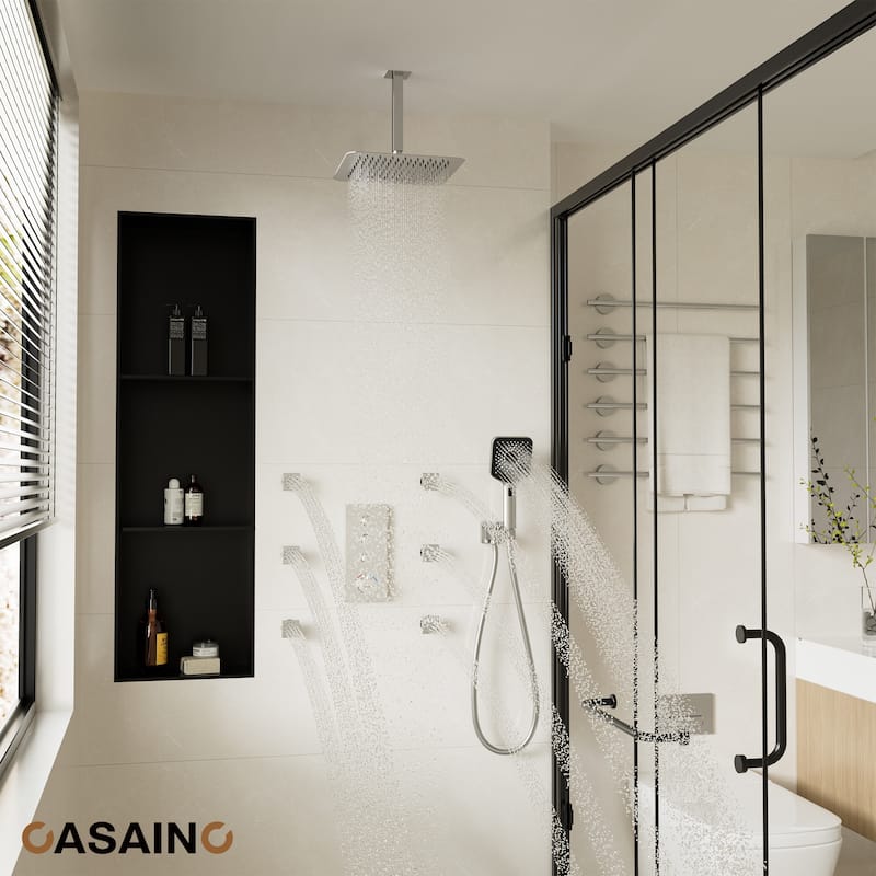 Luxury Thermostatic Shower System 3-Spray Patterns Ceiling Mount Fixed Shower Head and Handheld Spray with 6 Body Jets - Brushed