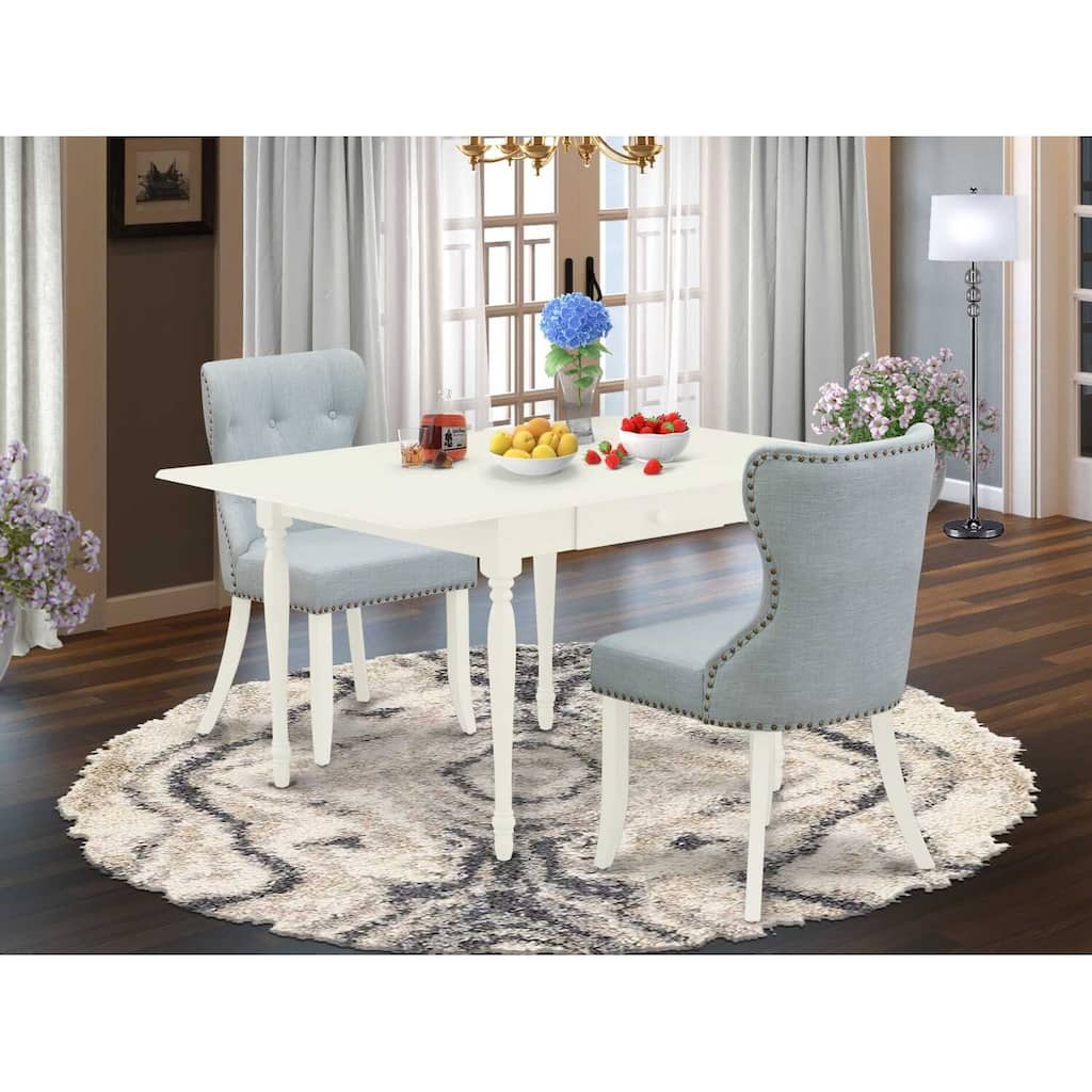 HomeStock 3-Pc Linen White Finish Rectangular Solid Wood Top with Dropleaf Dining Table Set