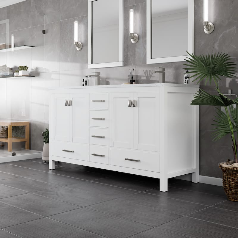 London 60"W WH DS Bath Vanity with Carrara Quartz Top and Undermount Sinks