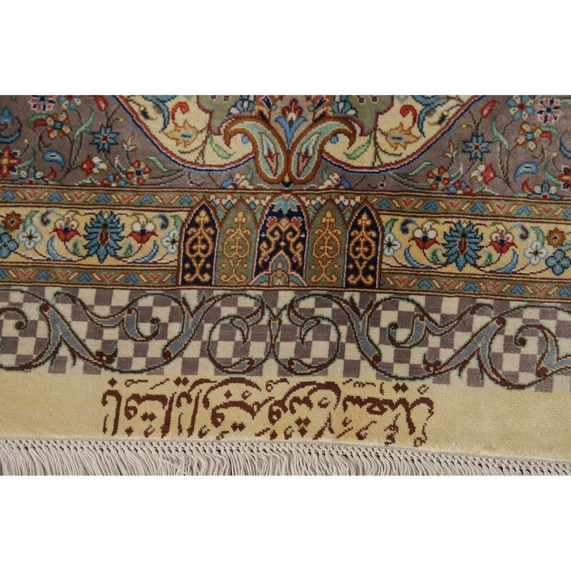 Hand Knotted Oriental 100% Silk Carpet Traditional Floral Yellow & Gold Qum Area Rug - 10' 2'' X 6' 5''