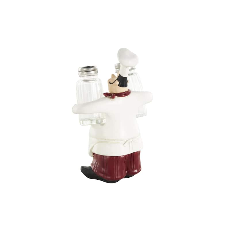 Polystone Chef Figurine Salt and Pepper Shaker Holder with Red Accents - White - Roche River Decor