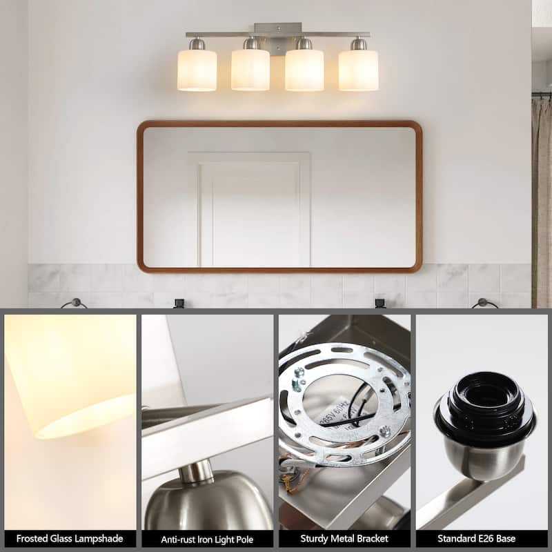 4-Light Brushed Nickel Bathroom Vanity - Milky Frosted Glass - E26 Socket