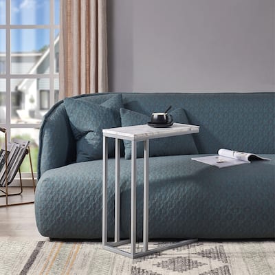 ROSEN GARDEN Faux Marble C-Shape Side End Table Metal Frame, White