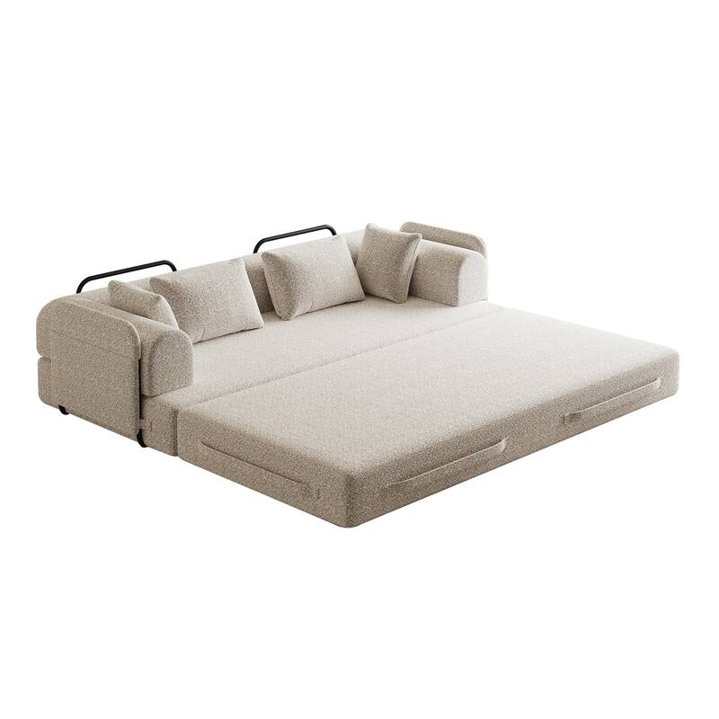 Chenille Convertible Sleeper Sofa Bed, Folding Sofa Bed with Cylindrical Pillow, Floor Upholstered Sofa with Side Pocket