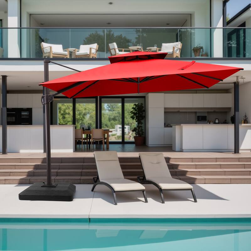 11 x 11 ft Patio Cantilever Offset Umbrella 360 Degree Rotation with Base - Red
