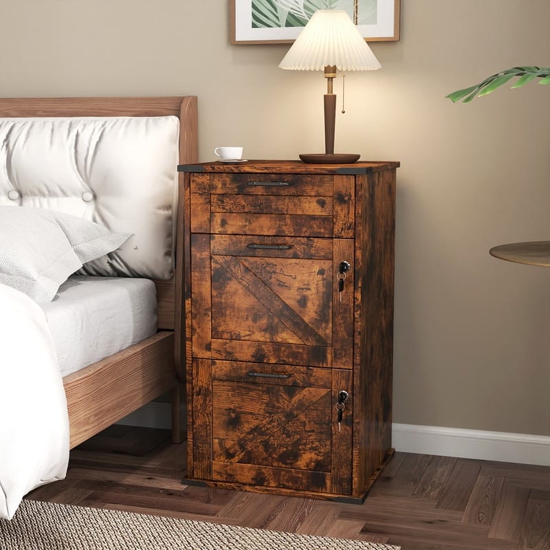 Barn Door Wooden 3 Drawers With Lock 30.71"H