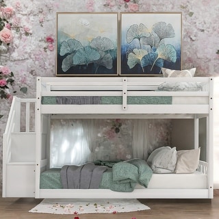 Twin Over Twin Floor Bunk Bed,Ladder With Storage, Safety for Bedroom
