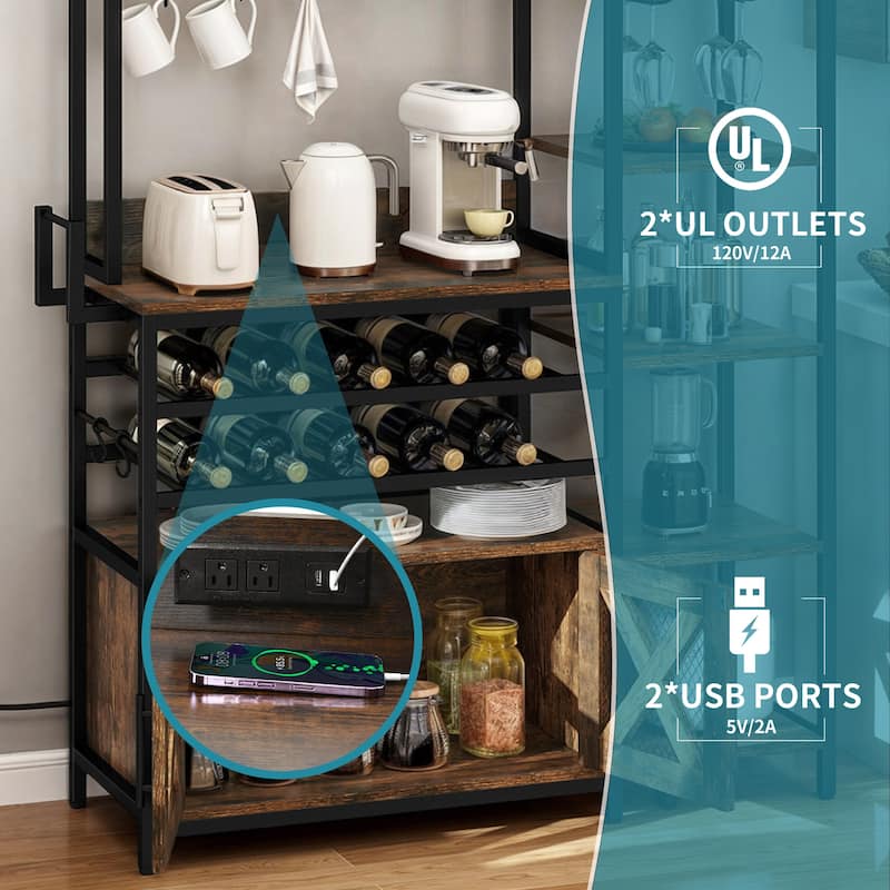 Moasis Industrial 6-Tier Wine Rack Cabinet with Power Outlet and Glass Holder