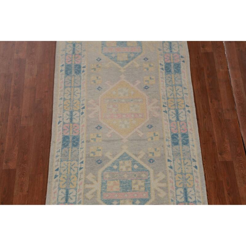 Hand Knotted Oriental 100% Wool Carpet Transitional Geometric Greys & Charcoal Oushak Runner Rug - 17' 6'' X 3' 1''