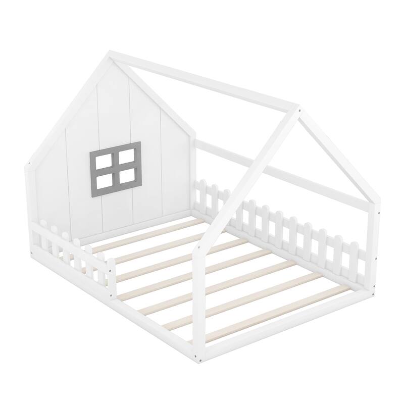 White Full Pine House Floor Bed with Window, Fence & Roof