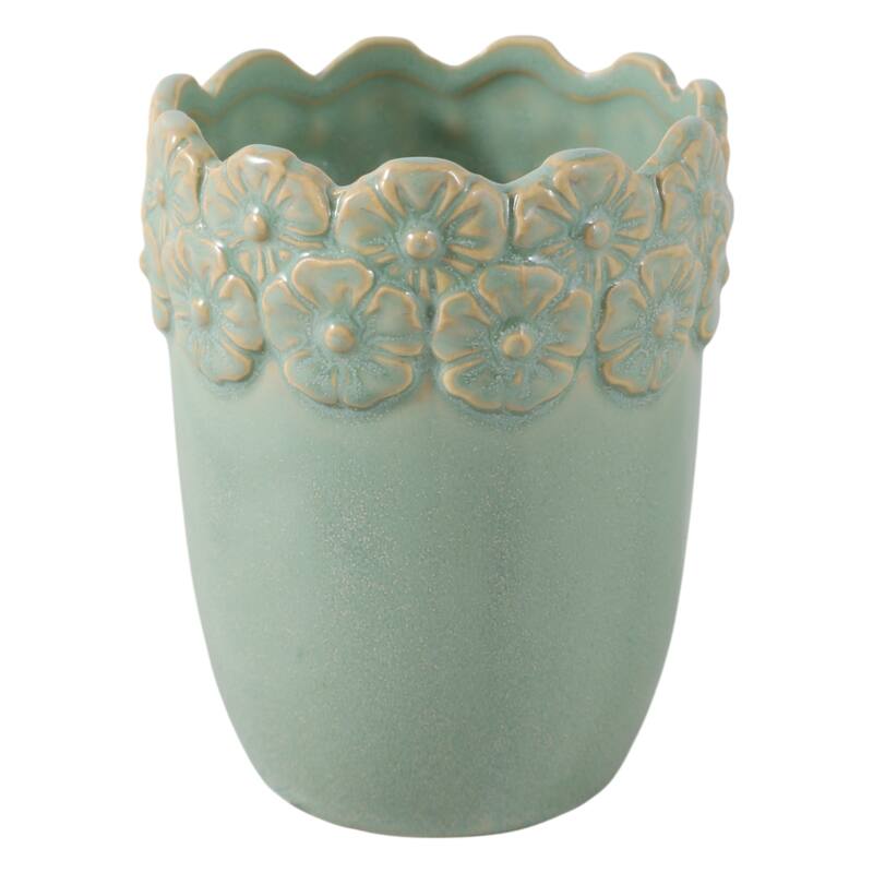 Ceramic Decorative Storage Container Ornate Embossed Floral Rim - 3.25" x 3.25" x 4.25"