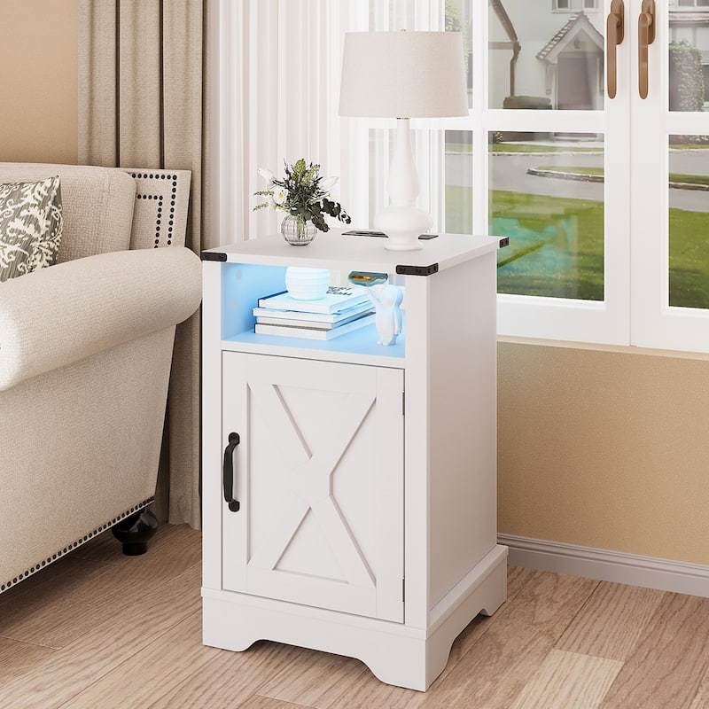 Farmhouse Nightstand Set of 2 With LED Lights and Charging Station