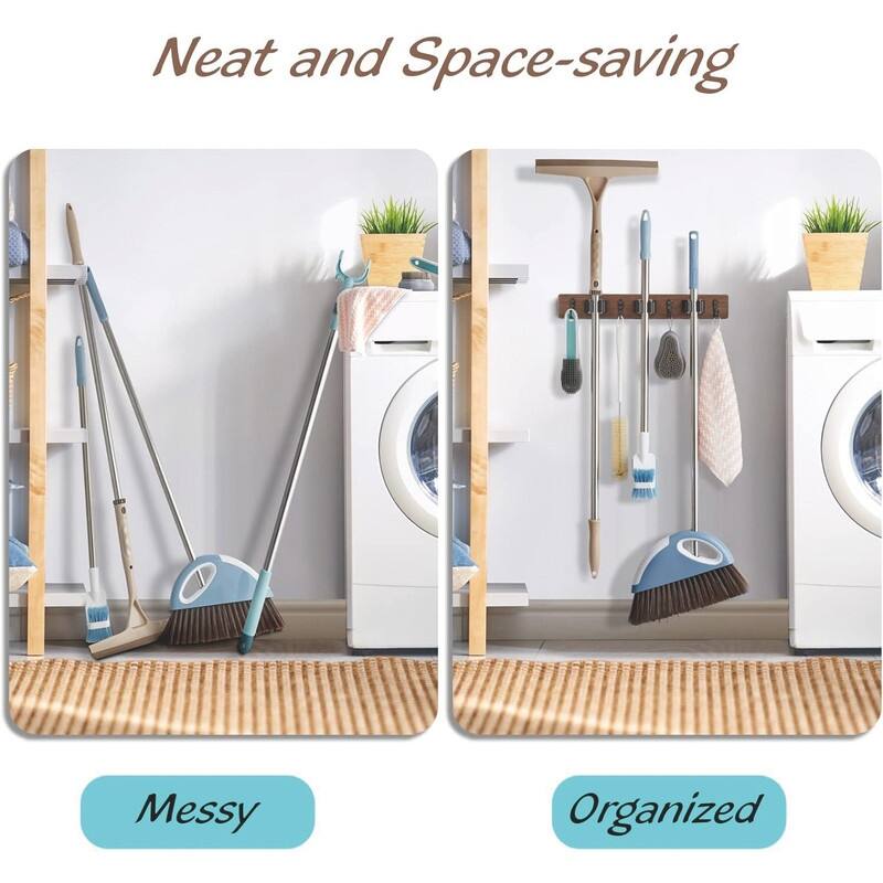 Wood Mop Broom Holder Wall Mount with 3 Slots & 4 Hooks