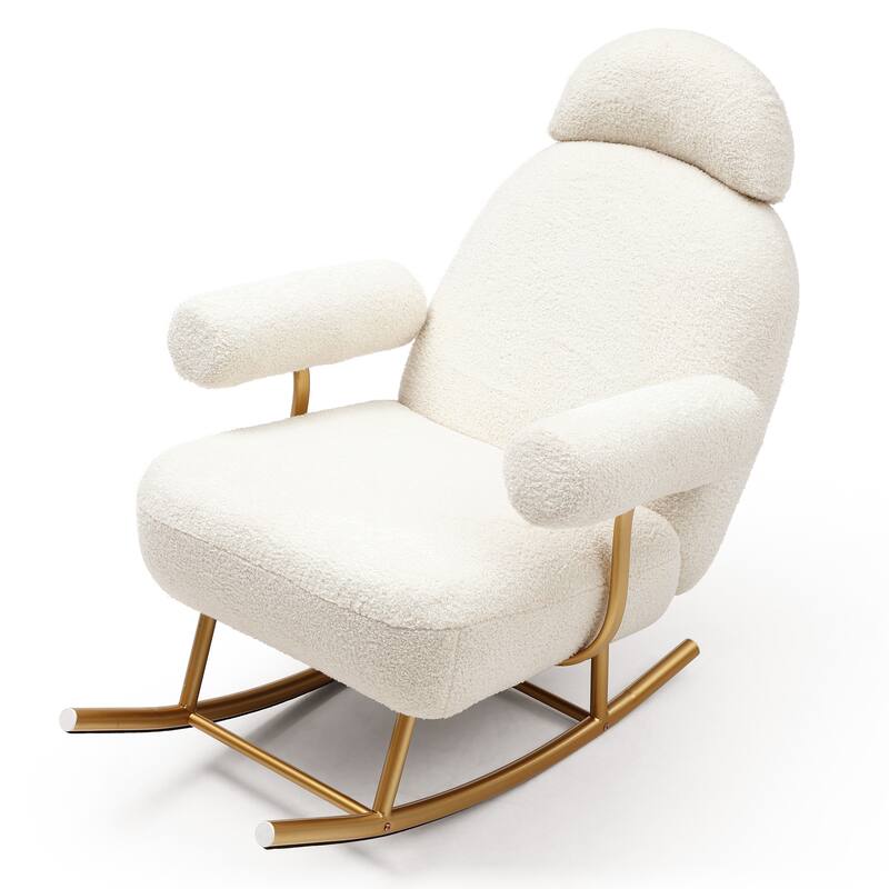 Modern Sherpa Fabric Nursery Rocking Chair, Comfy Armchair with Gold Metal Frame, for Nursery/Bedroom/Living Room/Office - Beige