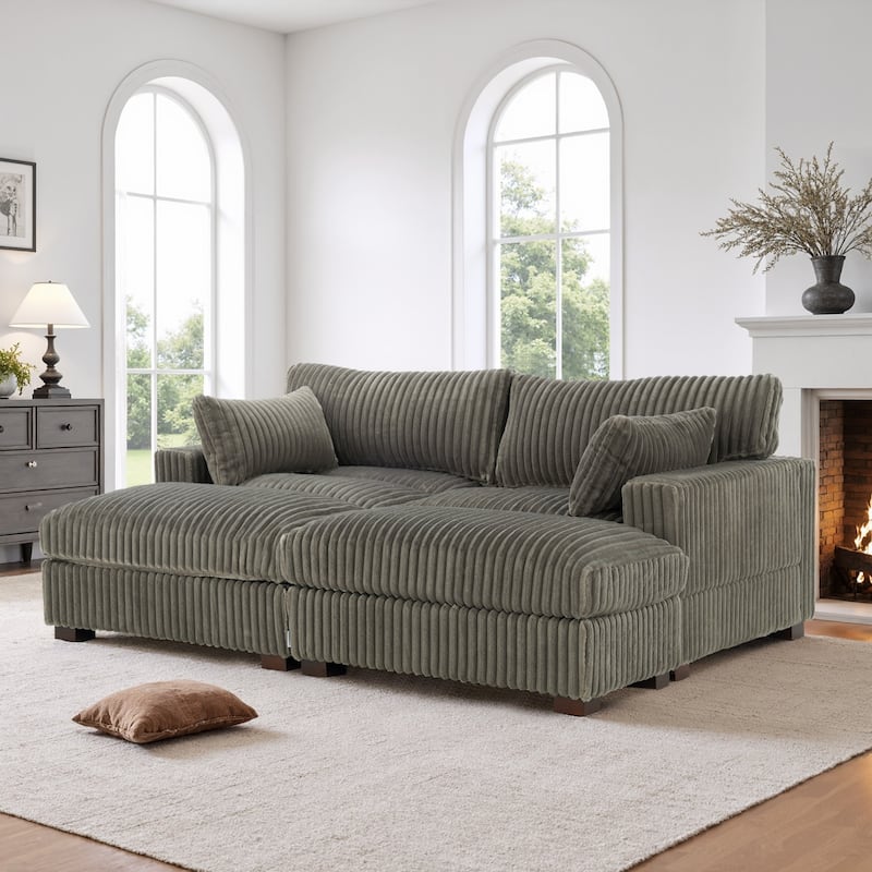 Oversied Plush Corduroy Fabric Modular Sectional Sofa with Chaise, Ottoman - Left Facing - Light Grey-3 Pieces