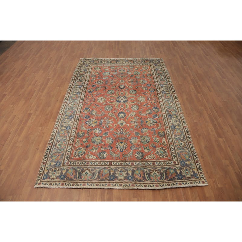 Hand Knotted Oriental 100% Wool Carpet Traditional Floral Oranges & Rust Tabriz Area Rug - 9' 9'' X 6' 4''