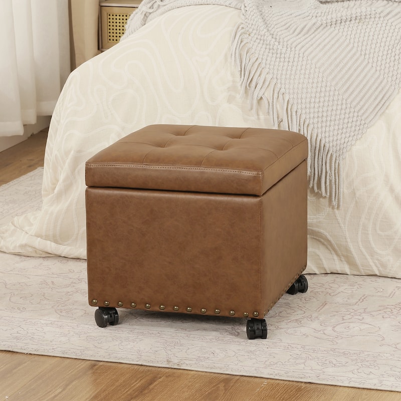 Adeco Bonded Leather Storage Ottoman Square Tufted Cube Footstool - Light-Brown-With-Nailhead-Trim-Casters