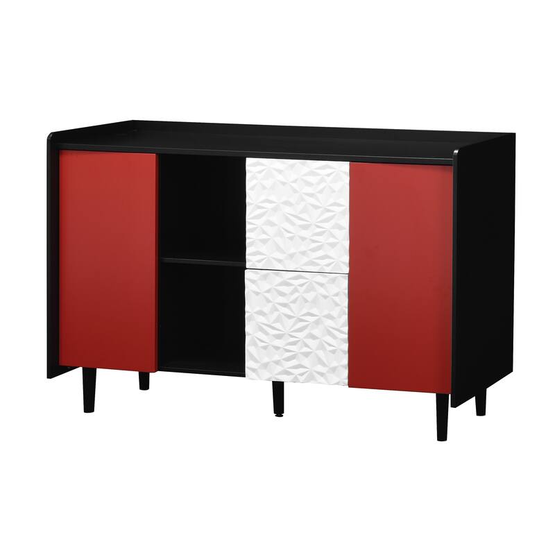Sideboard Buffet Cabinet,Storage Cabinet with Red Doors,2 Drawers with unique panel styling and 2 Open Storage Compartment