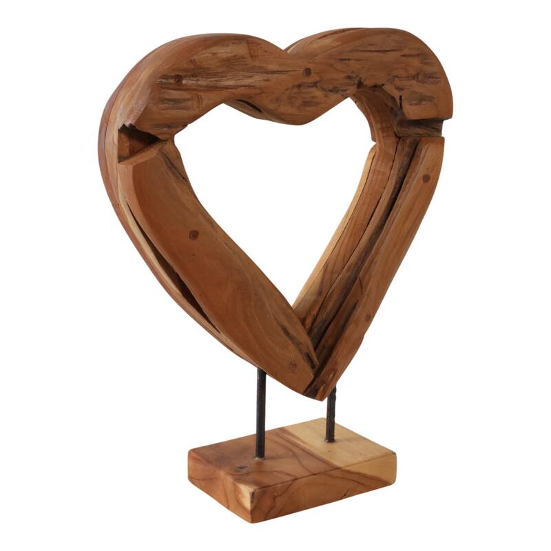 Teak Wood Heart Sculpture Natural Texture Rectangular Base - 15" Brown - 11.25" x 4" x 14.5"