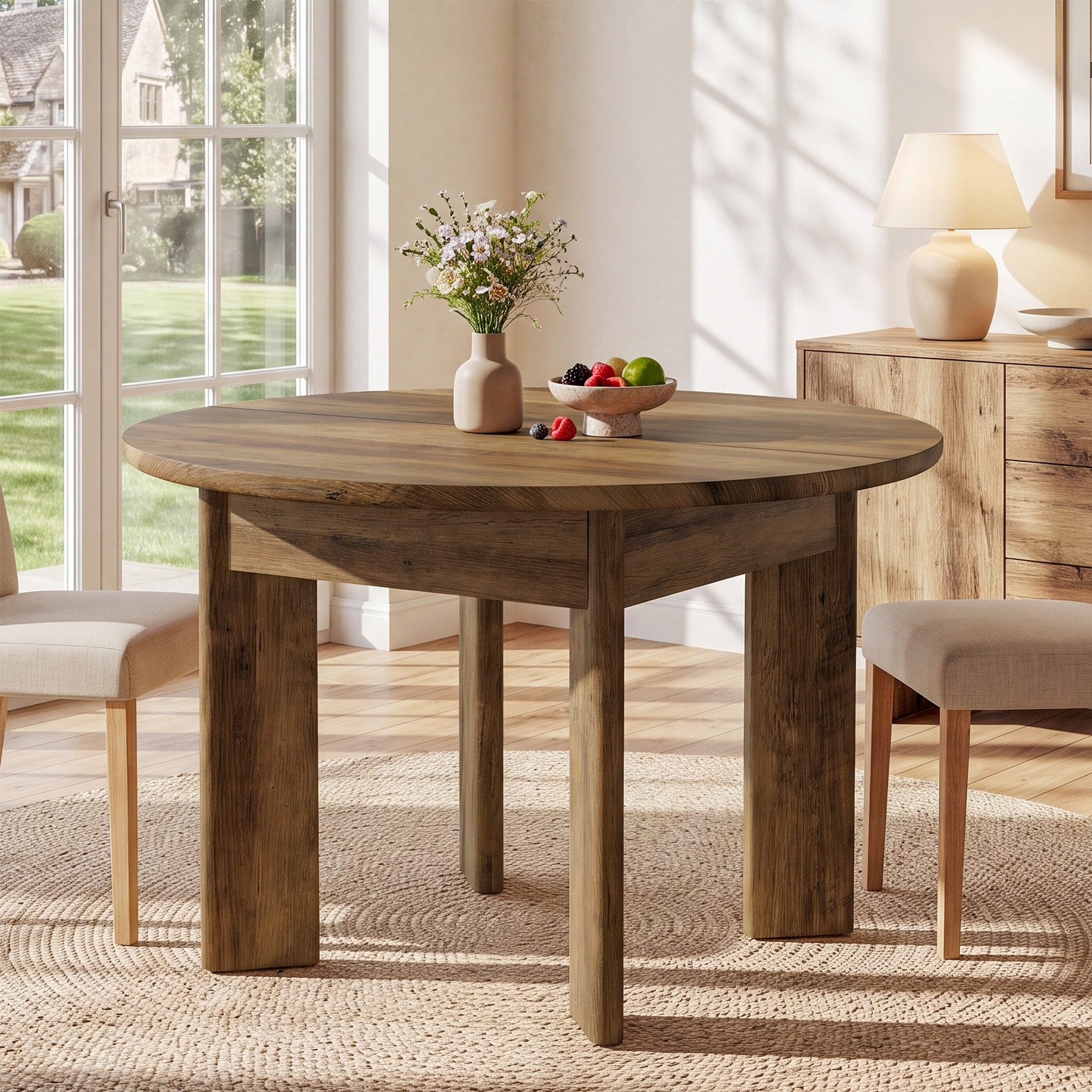 Round Dining Table for 4, Circle Dining Room Table with Wooden Base for Kitchen, Dining Room