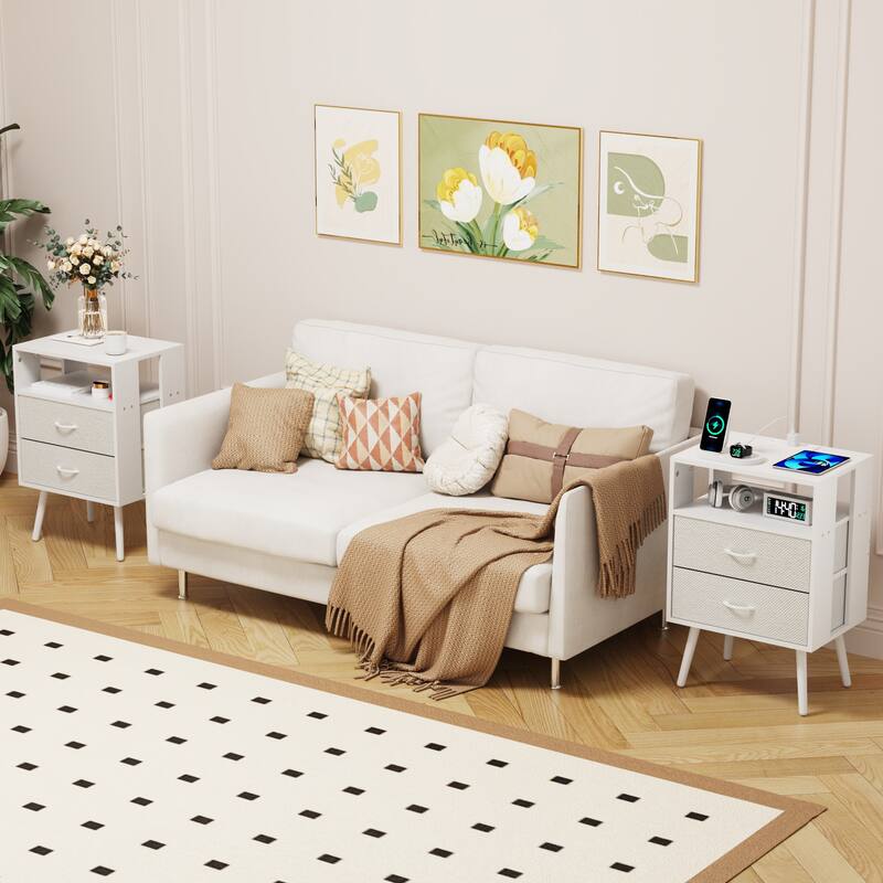 2 Pack Modern Nightstand with Charging Station, Bedside Tables with LED Light and Fabric Drawers