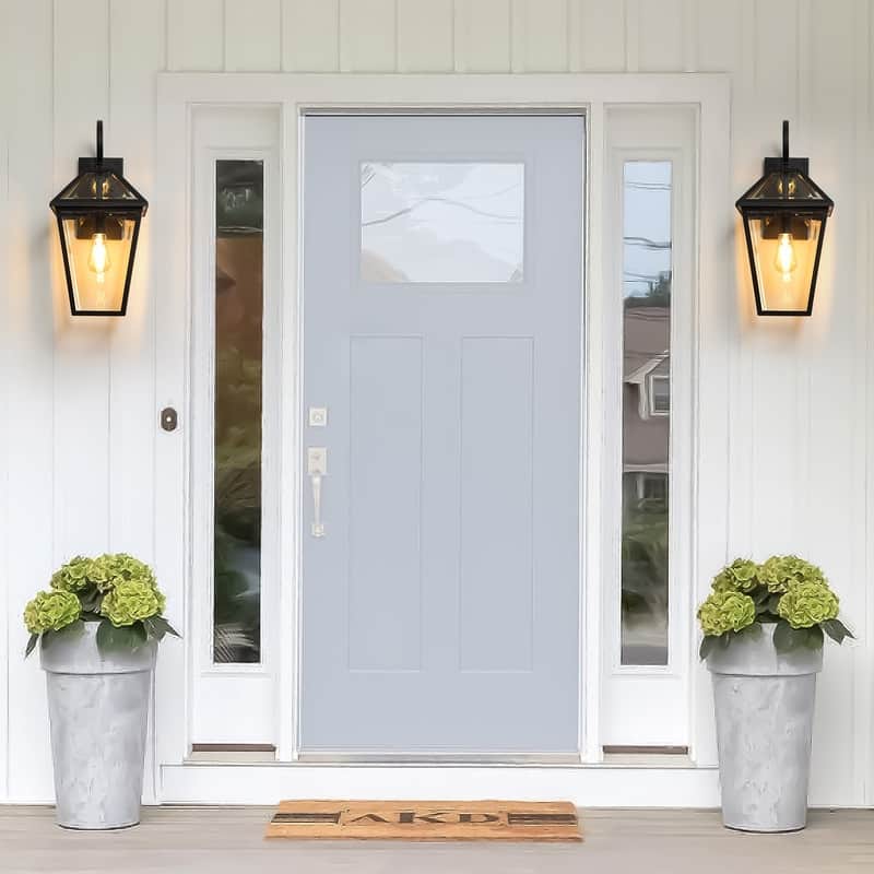 21-Inch Contemporary Outdoor Wall Sconce – Single Black Metal Lantern with Clear Glass Panels(Bulbs Excluded)