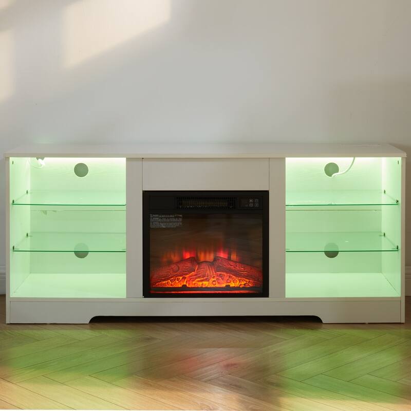 57.87" Electric Fireplace TV Stand with Glass Shelves, LED Lights, and USB Charging Outlet for TVs Up to 50"
